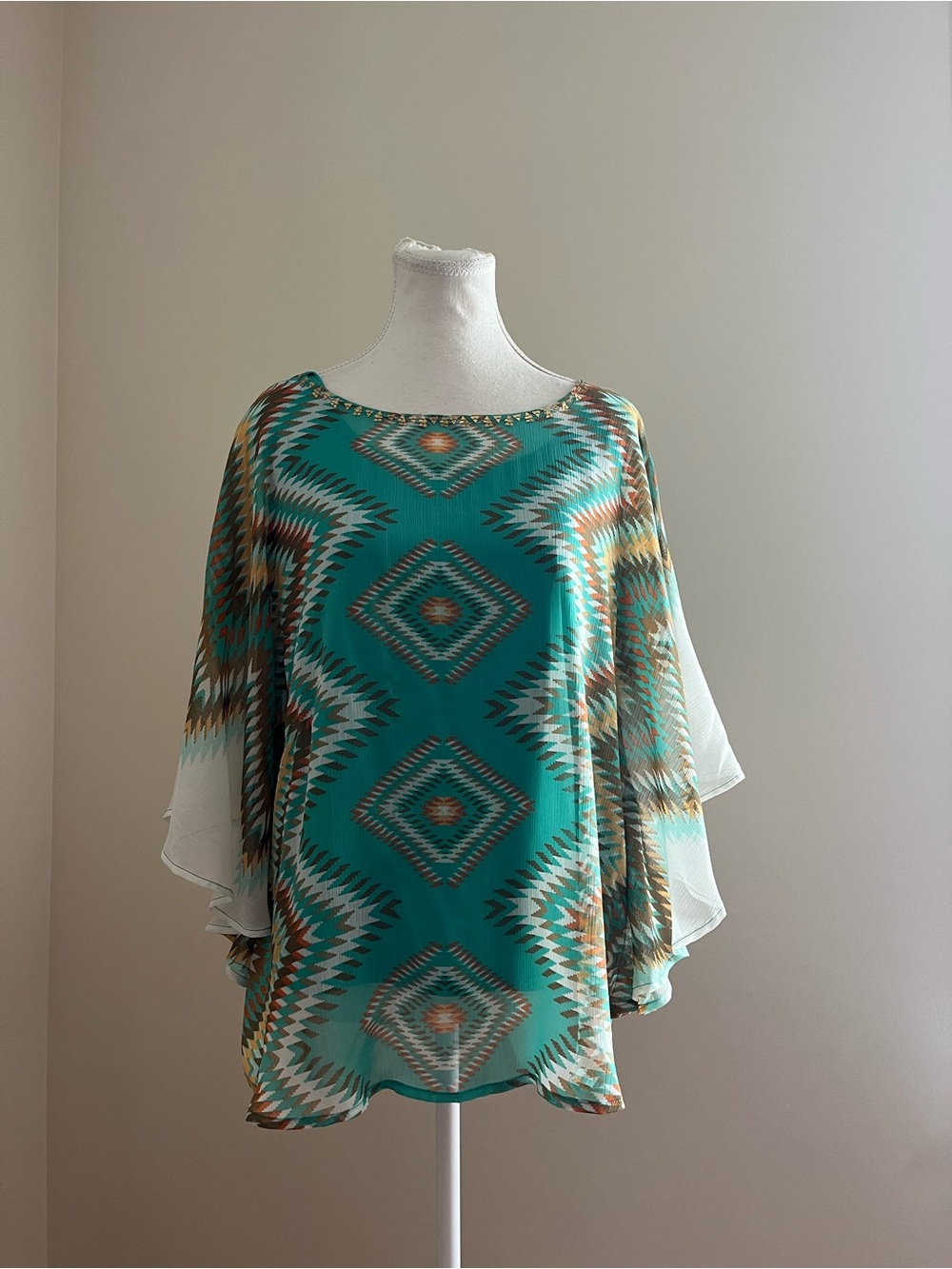 Ruby Rd. Teal Geometric Boatneck Tunic